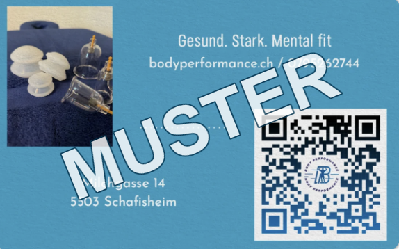 Muster der BodyPerformance-6er-Karte mit Schröpfbechern und deutlichem MUSTER-Aufdruck.